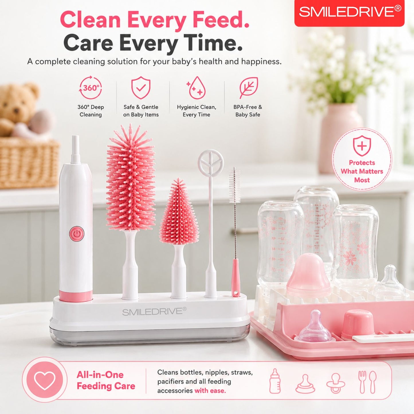 Electric Bottle Cleaning Brush Set with USB Rechargeable Handle | 4-in-1 Baby Bottle Brush Cleaner Kit | For All Bottles, Feeding Bottles, Nipples & their Accessories