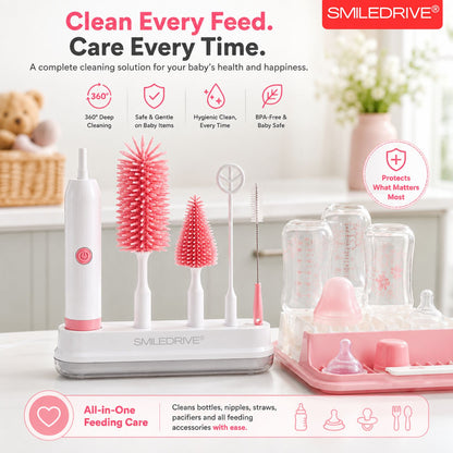 Electric Bottle Cleaning Brush Set with USB Rechargeable Handle | 4-in-1 Baby Bottle Brush Cleaner Kit | For All Bottles, Feeding Bottles, Nipples & their Accessories