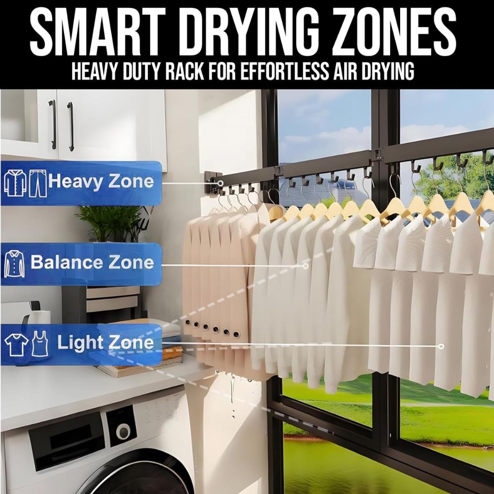 Cloth Drying Stand Wall Mounted-Foldable & Collapsible Drying Clothes Rack with 18 Hooks | Folding Wall Cloth Hanger for Balcony, Bathroom & Laundry | Strong 100 kg Capacity Cloth Drying Stand