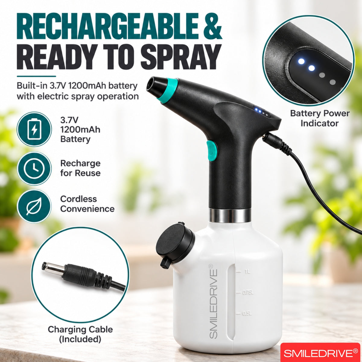 1L Electric Sprayer Bottle, Automatic Watering of Indoor/Outdoor Plants, Mist & Stream Spray with Extended Nozzle, Water level check,  Rechargeable 1200 mAh Battery, Bright Battery Power Indicator, Spray Bottle for Plants, Garden & Household Cleaning