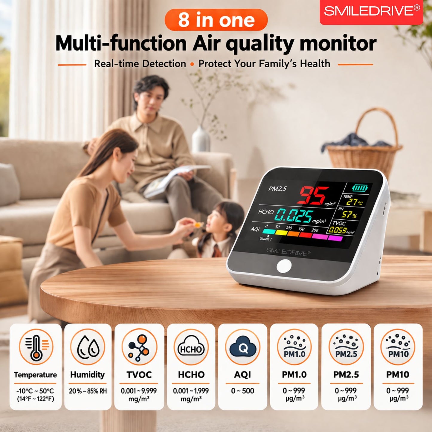 8-in-1 Indoor Air Quality Monitor with Color LCD Display – PM1.0, PM2.5, PM10, HCHO, TVOC, AQI, Temperature & Humidity Detector | Portable Rechargeable Air Pollution Meter for Home, Office & Car