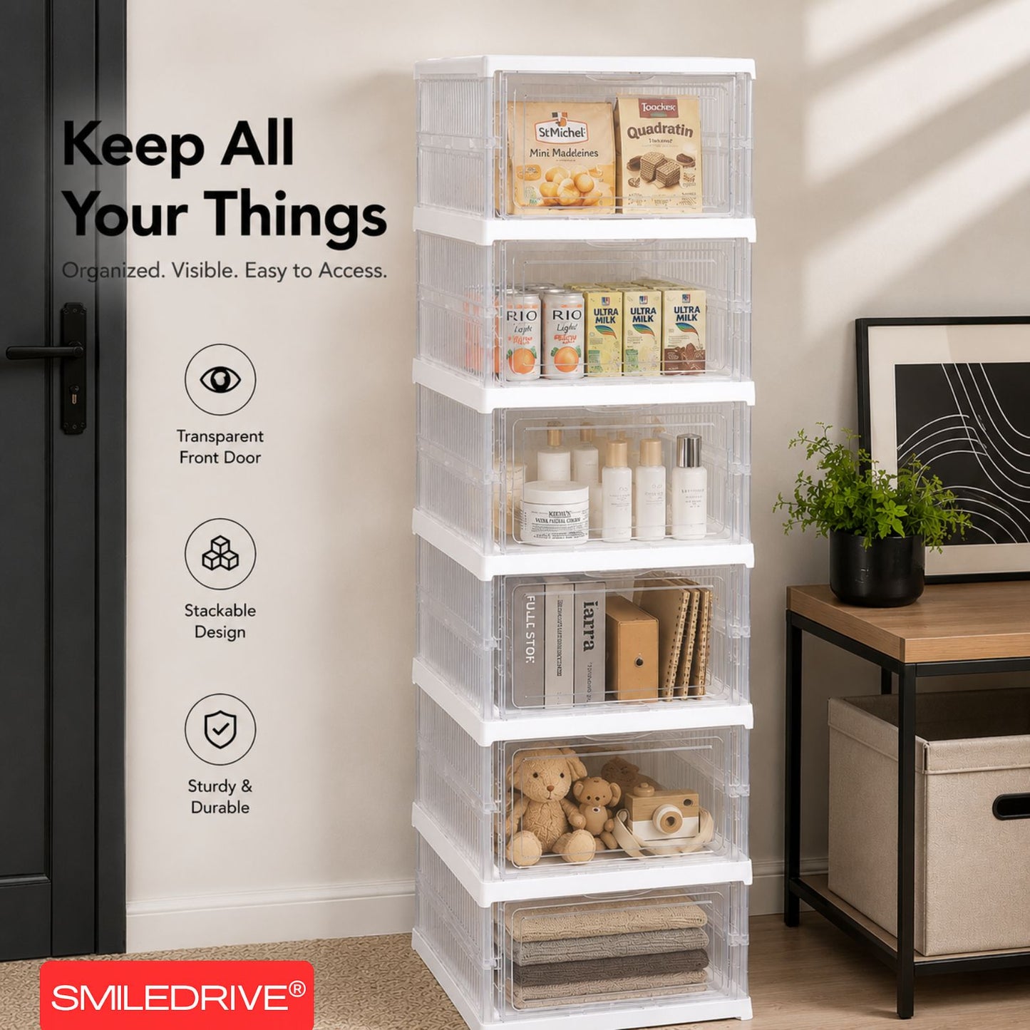 SMILEDRIVE® Foldable Storage Rack with Transparent Doors | Foldable Shoe Rack | 6-Tier Space-Saving Multi-Purpose Organizer for Home