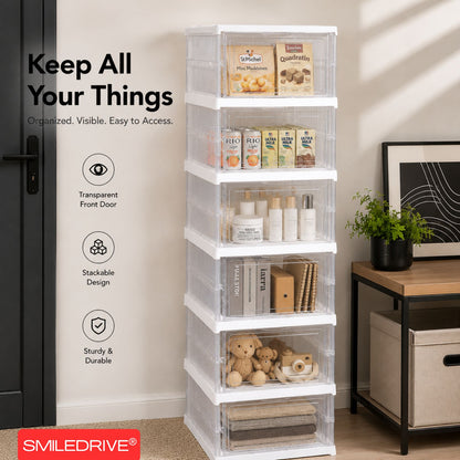 SMILEDRIVE® Foldable Storage Rack with Transparent Doors | Foldable Shoe Rack | 6-Tier Space-Saving Multi-Purpose Organizer for Home