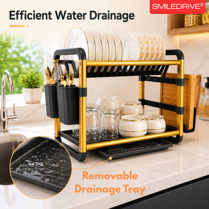 Dish Drying Rack with Drain Tray | 2-Tier Utensil Organizer with Cup and Cutlery Holder | Rust-Resistant Aluminium Kitchen Dish Rack | Available in Gold & Silver