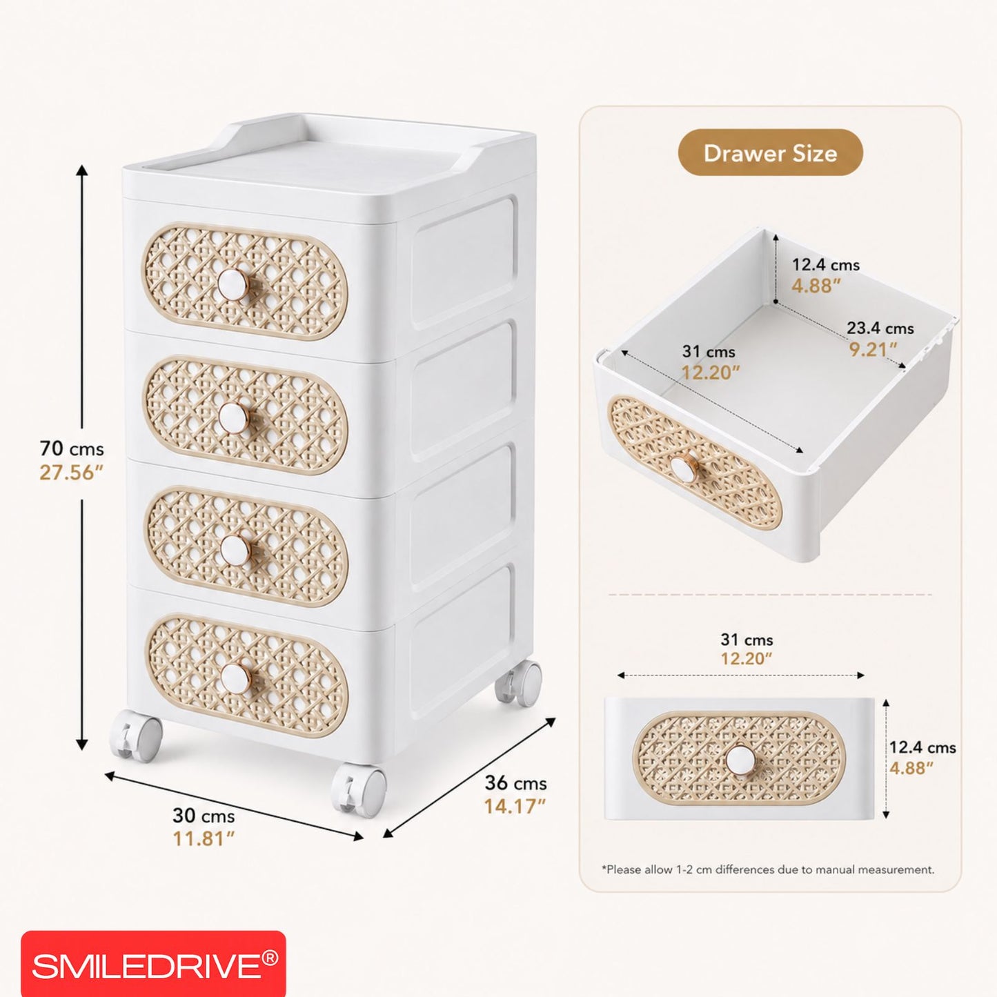 Plastic Storage Drawers | 4 Drawer Organzier Storage Cabinet with Wheels for Bedroom Bathroom Office | Available in White & Cream