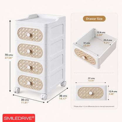 Plastic Storage Drawers | 4 Drawer Organzier Storage Cabinet with Wheels for Bedroom Bathroom Office | Available in White & Cream