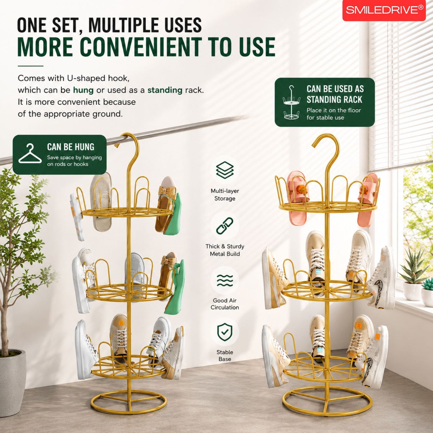 Shoe Drying Rack for Balcony & Bathroom | 3-Tier Rotating Shoe Stand Organizer with Hanging Hook