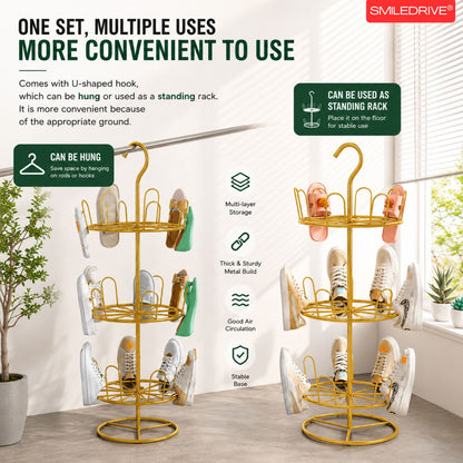 Shoe Drying Rack for Balcony & Bathroom | 3-Tier Rotating Shoe Stand Organizer with Hanging Hook