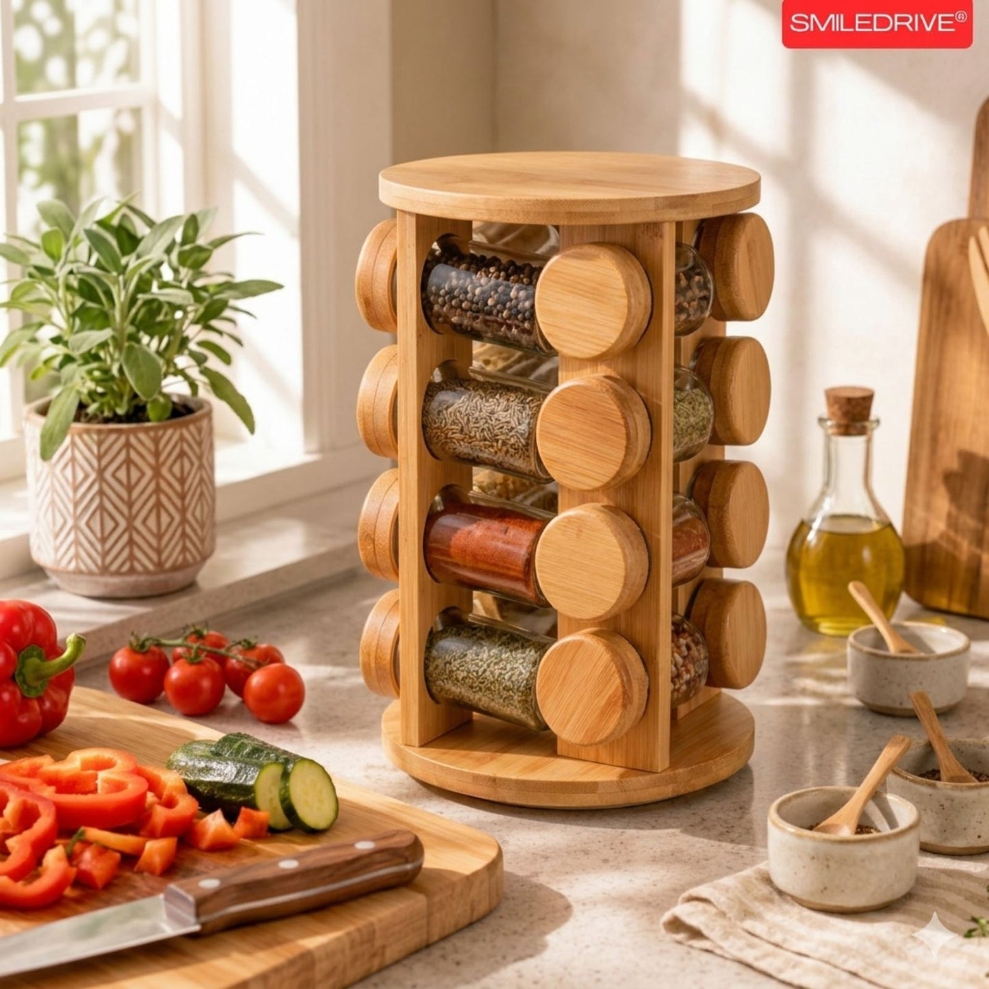 Rotating Spice Rack Wooden Spice Organizer | 5, 12 or 16 Glass Jar with Revolving Stand