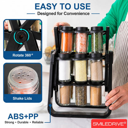 18 Jar Rotating Spice Rack Organizer | 360° Revolving Masala Stand with Glass Spice Jars for Kitchen Counter & Cabinet