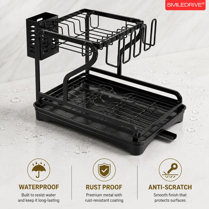 Kitchen Utensil Holder Organizer & Dryer | 2 Tier Dish Drying Rack for Countertop | Anti Rust Dish Drainer Rack with Rotating Drain Swivel Spout
