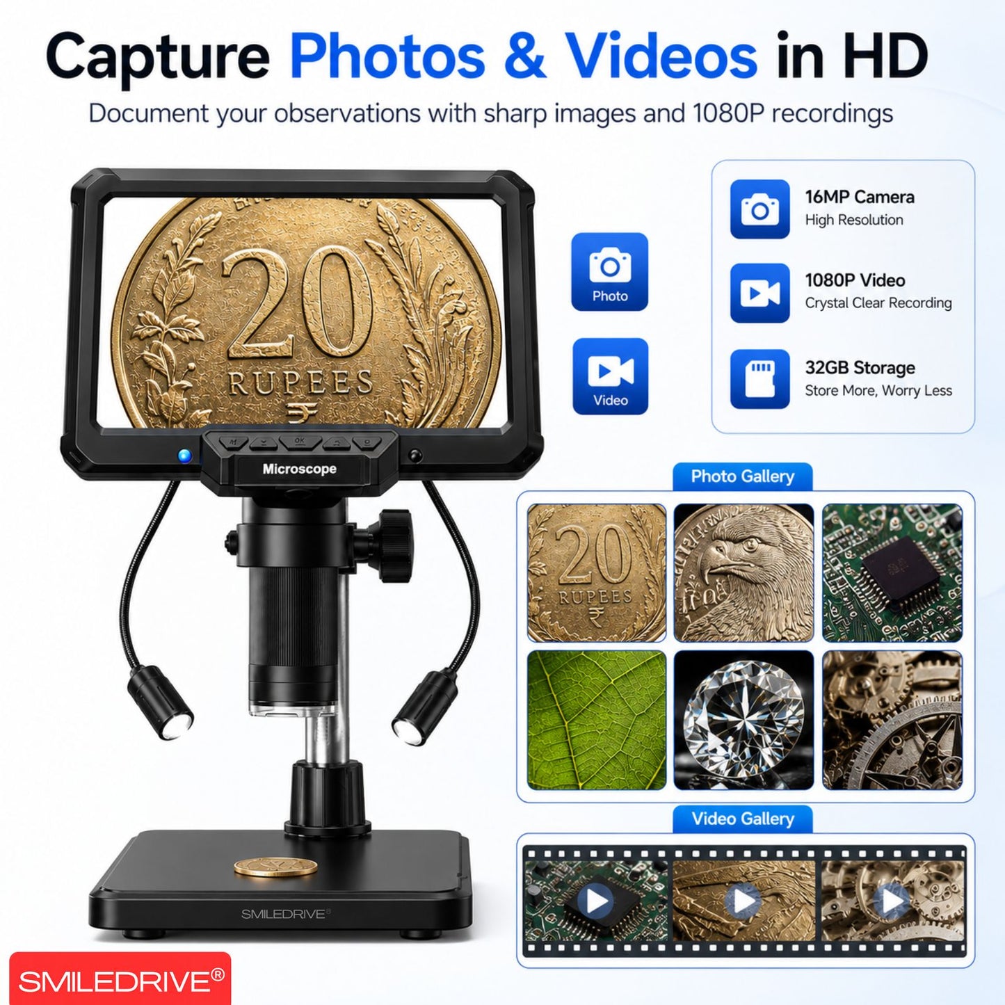 Digital Microscope with 7 inch Screen | 16MP Camera | 50X–1200X Magnification | 1080P Recording | 8+2 LED Lights | Coin, PCB & Jewellery Inspection Microscope