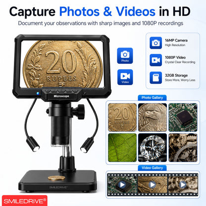 Digital Microscope with 7 inch Screen | 16MP Camera | 50X–1200X Magnification | 1080P Recording | 8+2 LED Lights | Coin, PCB & Jewellery Inspection Microscope