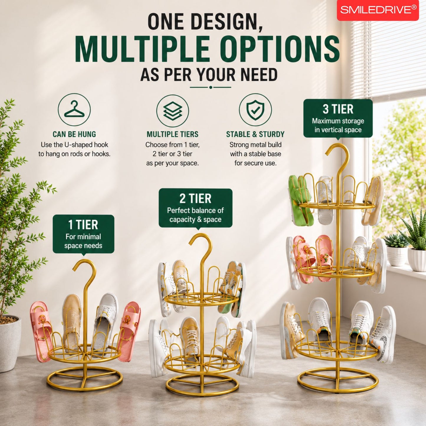 Shoe Drying Rack for Balcony & Bathroom | 3-Tier Rotating Shoe Stand Organizer with Hanging Hook