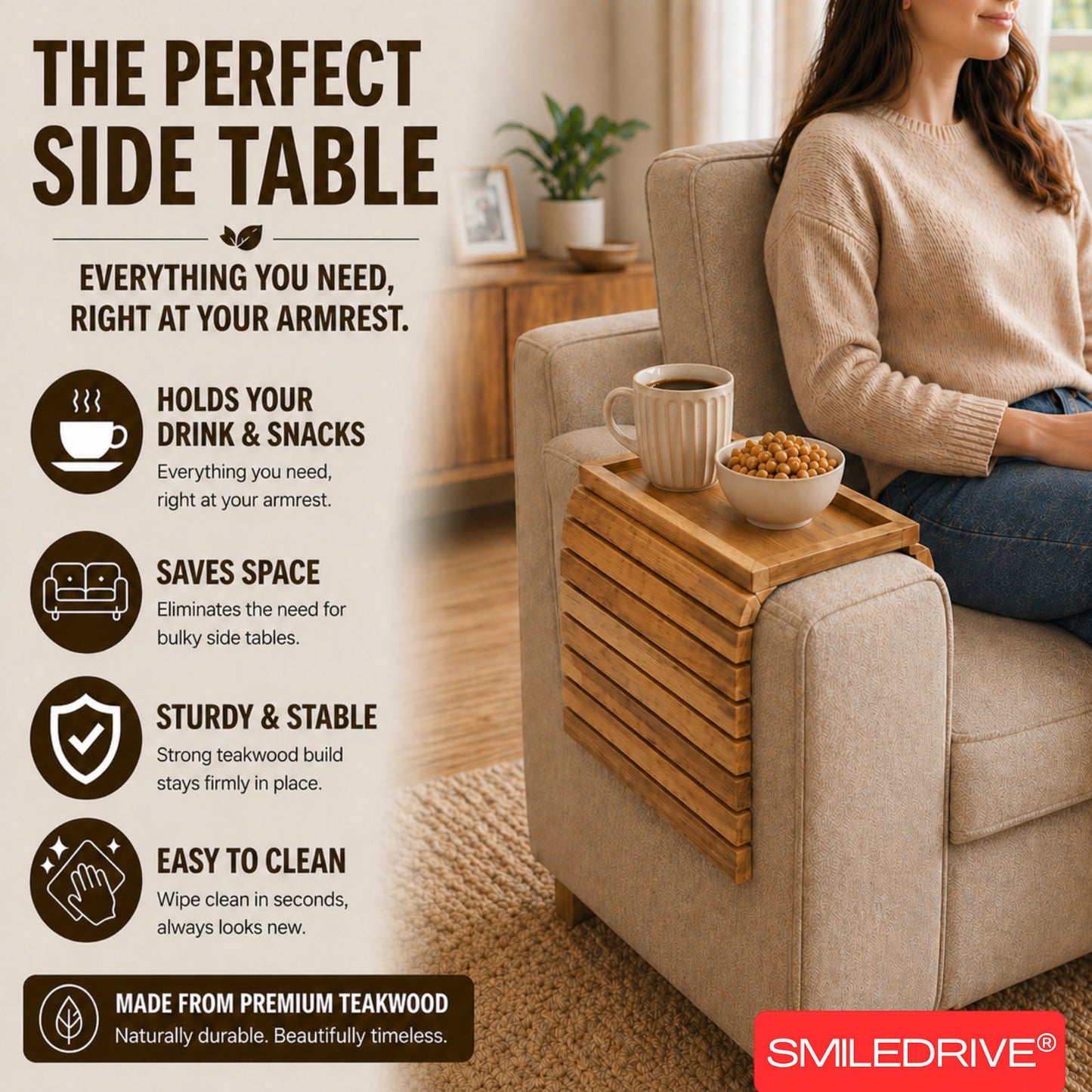Teakwood Sofa Armrest Tray with Snack Holder Section – Foldable Couch Arm Table with Premium Faux Leather Base (Made in India)