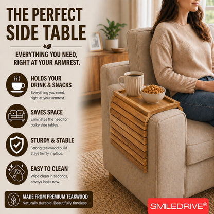 Teakwood Sofa Armrest Tray with Snack Holder Section – Foldable Couch Arm Table with Premium Faux Leather Base (Made in India)