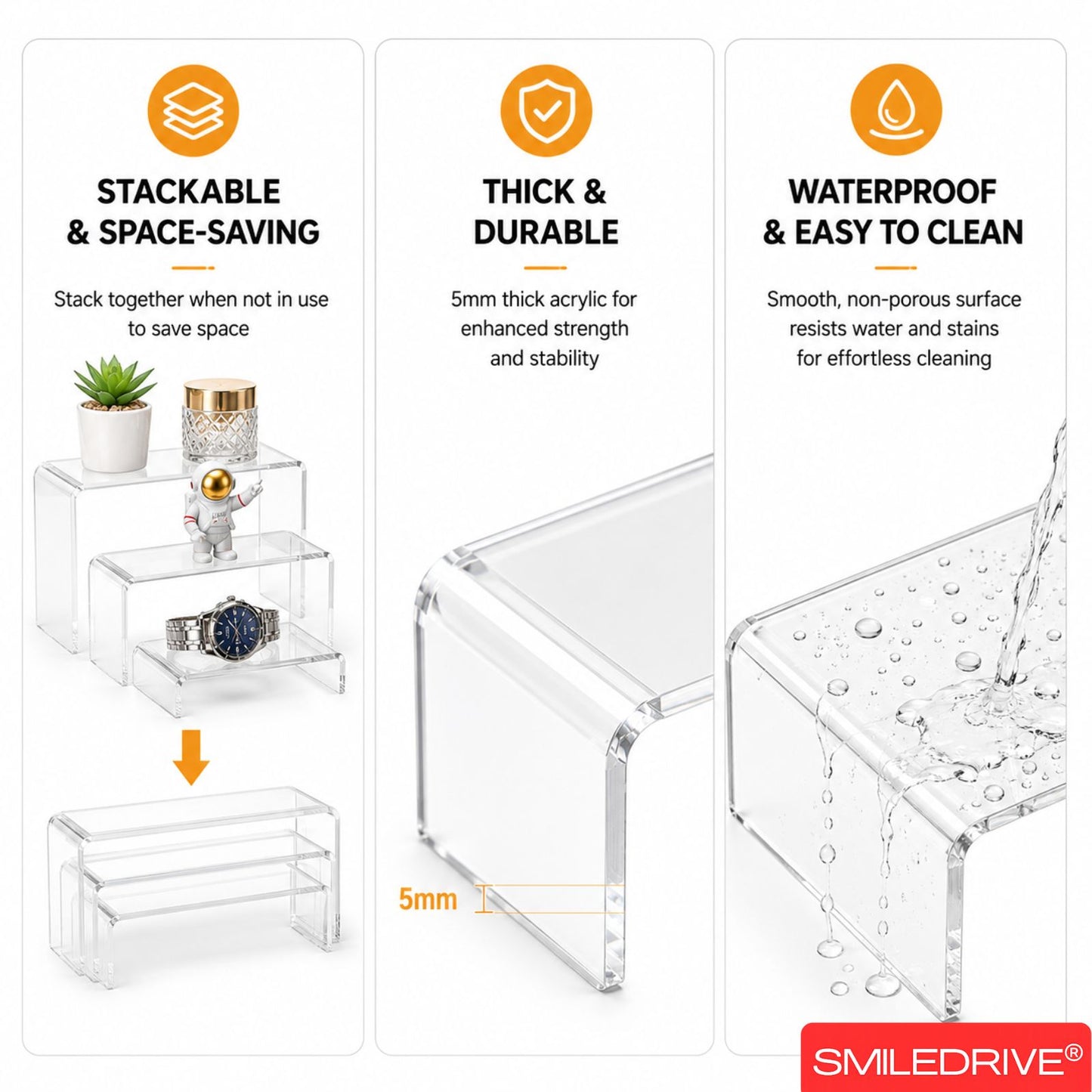 Acrylic Display Stand | Multi-Purpose Display Stands for Jewellery, Bakery, Retail, Cosmetics, Collectibles, & Home Use | Clear 5mm Thick Acrylic Product Display Risers Set of 3