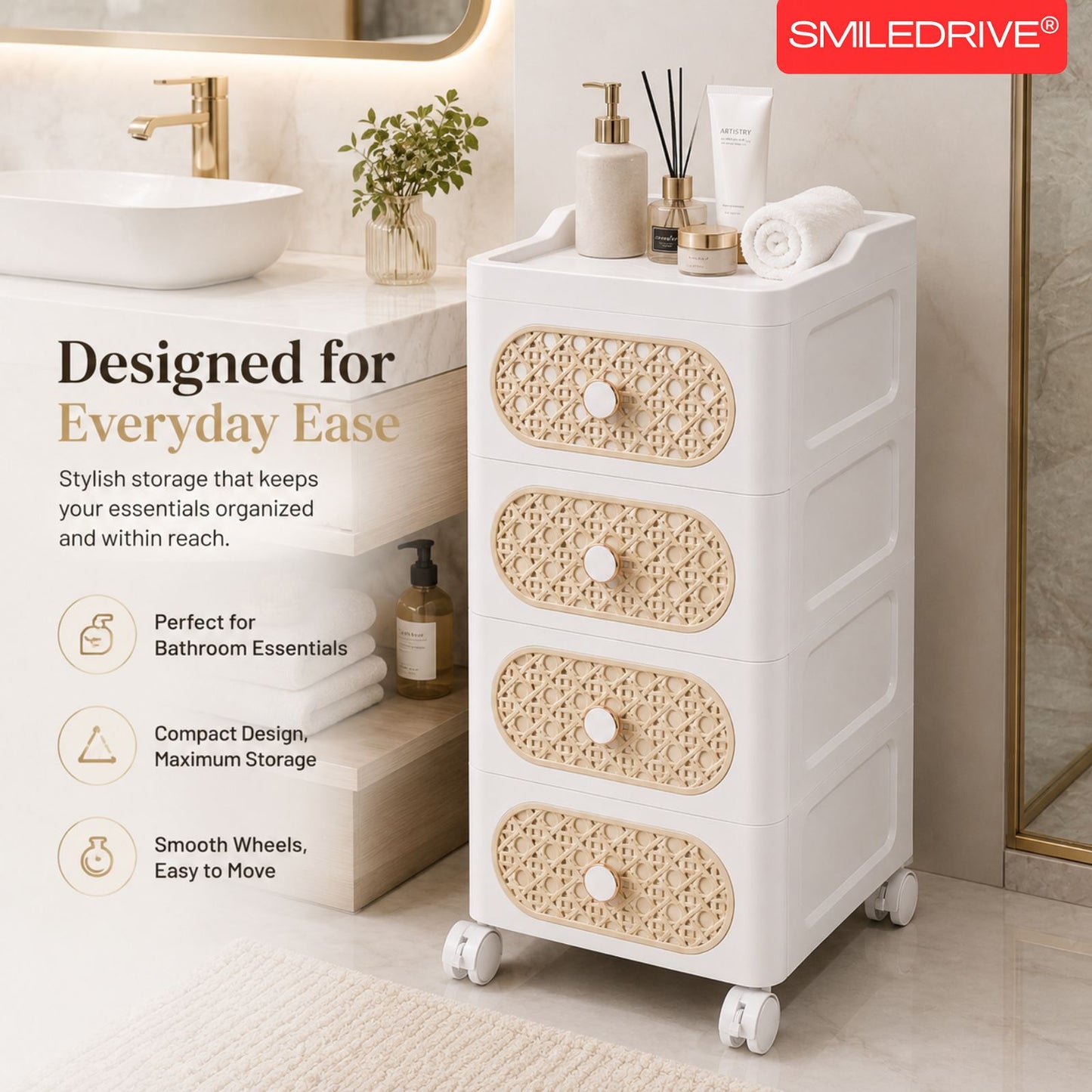 Plastic Storage Drawers | 4 Drawer Organzier Storage Cabinet with Wheels for Bedroom Bathroom Office | Available in White & Cream
