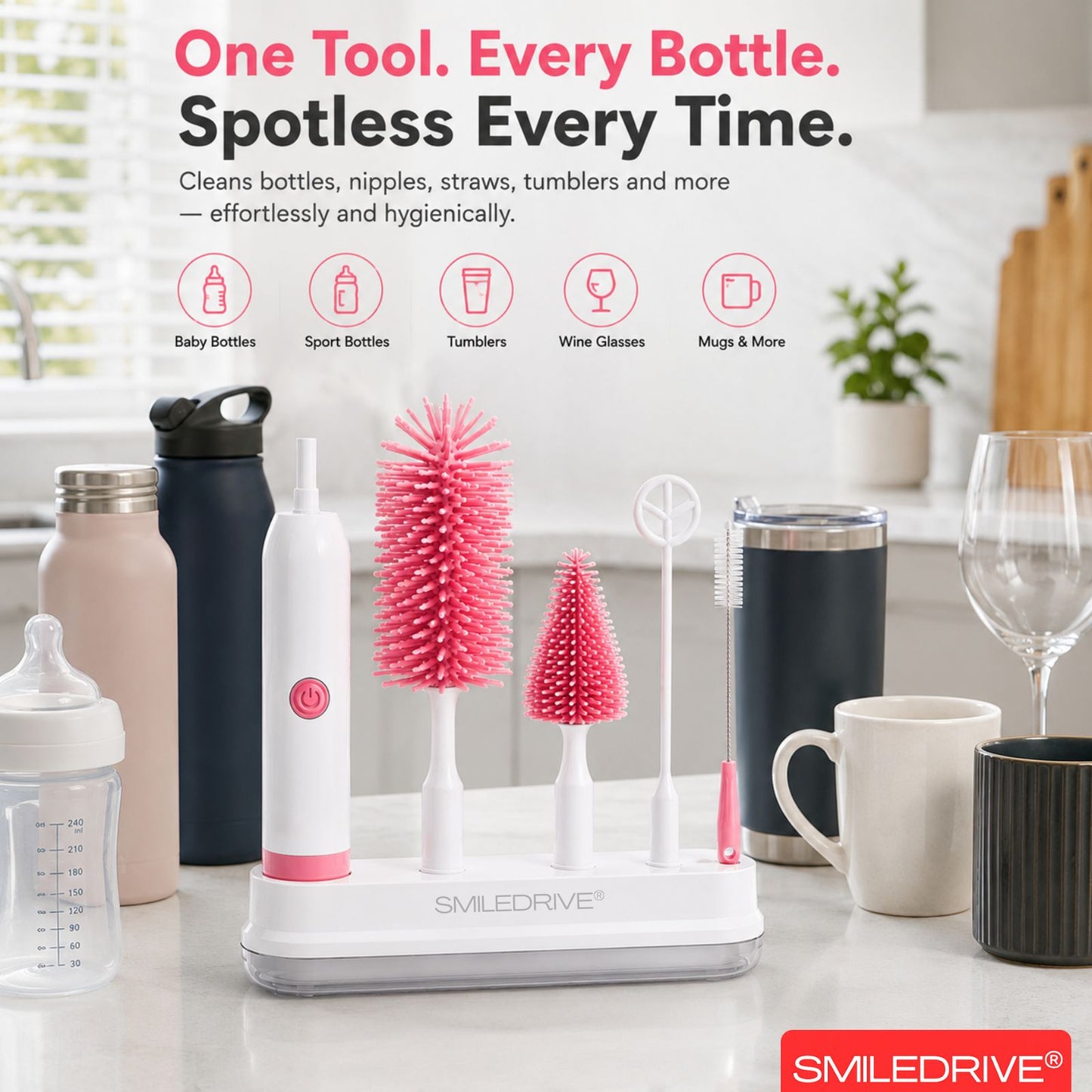 Electric Bottle Cleaning Brush Set with USB Rechargeable Handle | 4-in-1 Baby Bottle Brush Cleaner Kit | For All Bottles, Feeding Bottles, Nipples & their Accessories