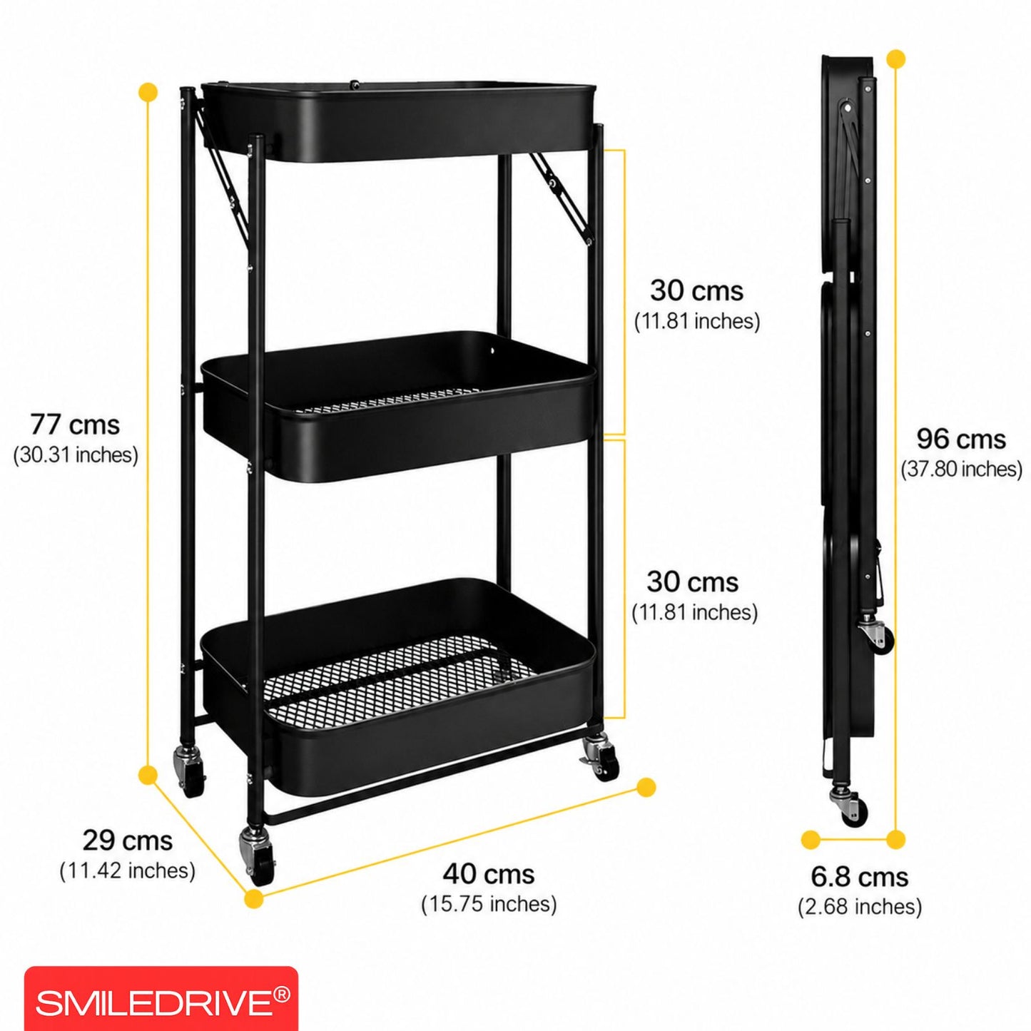 Kitchen Storage Trolley | 3 Tier Fruit and  Vegetable Basket with Wheels | Rolling Cart Trolley for Kitchen, Pantry, Bathroom & Laundry Room | Black