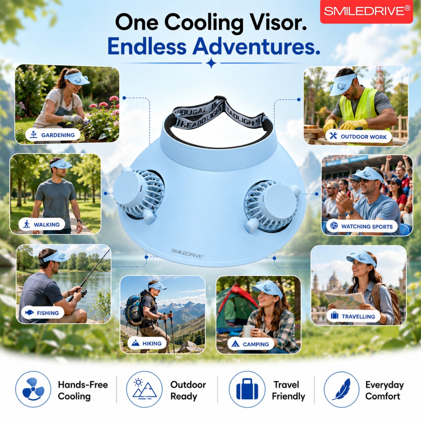 Cooling Fan Cap with Dual Rechargeable Fans, 3-Speed Adjustable Fan, Hands-Free Cooling Hat, Lightweight Cap for Daily Use- Walking, Gardening, Hiking, Camping & Indoor/ Outdoor Work | Available in Blue, Pink & White