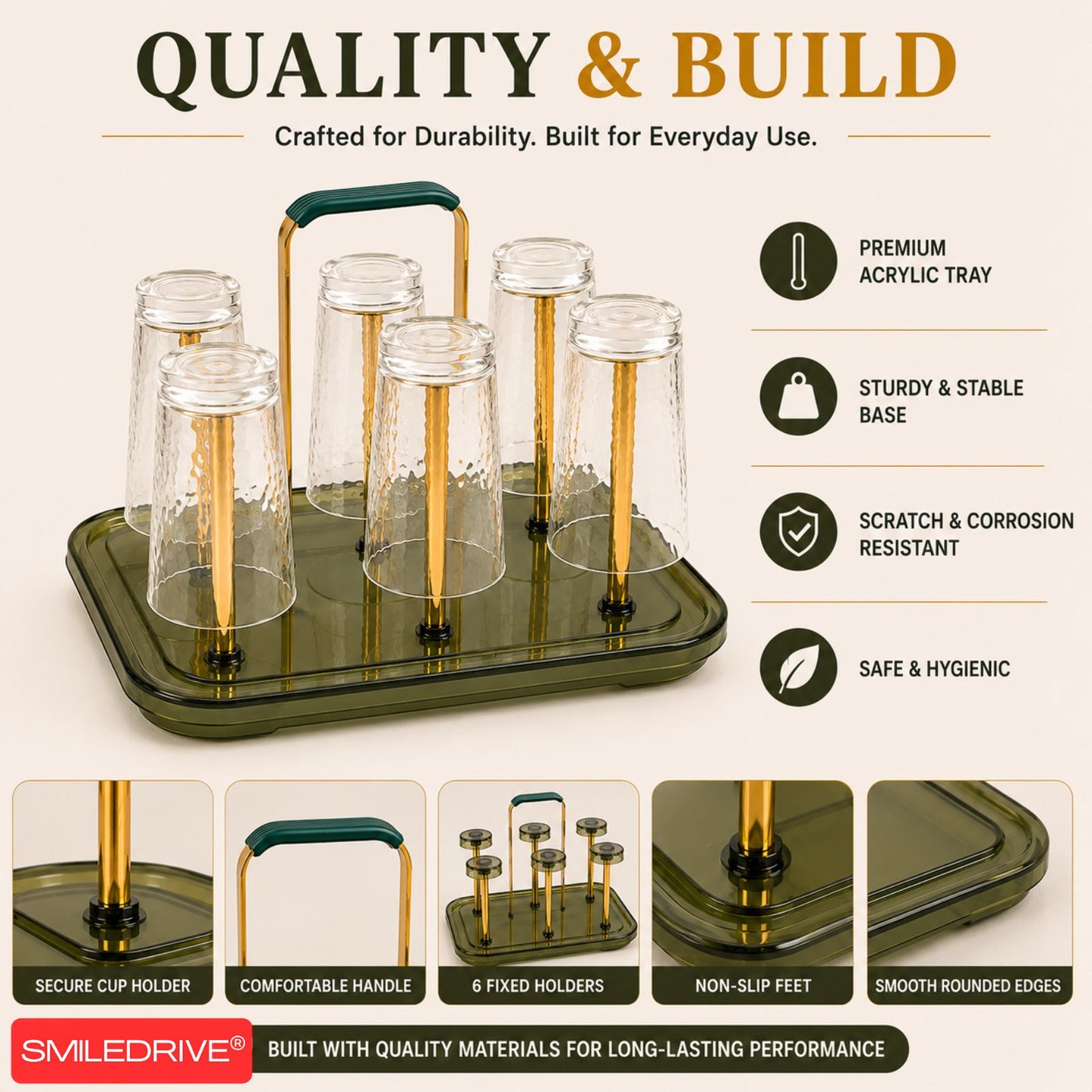 Premium Glass Cup Holder for Kitchen Counter - Modern 6-Hook Mug Tree & Tea Cup Drying Rack - Elegant Gold Metal & Acrylic Coffee Station Organizer for Home, Cafe & Dining Table
