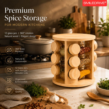 Rotating Spice Rack Wooden Spice Organizer | 5, 12 or 16 Glass Jar with Revolving Stand
