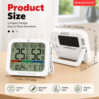 Digital Hygrometer Sensor with Thermometer for Home, Indoor, Outdoor | Temperature & Humidity Meter,Clock & Calendar, 24H Max/Min Records | Backlight Display, Magnetic Mount & Table Stand
