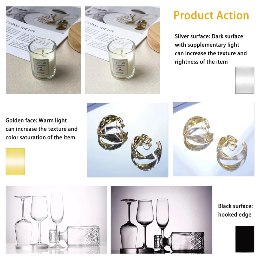 4-in-1 Photography Reflector Board – Foldable Light Diffuser for Product Photography, Camera Reflector Panel for Still Life & Tabletop Shoots – 42 x 30 cm Black, White, Golden & Silver Reflectors.