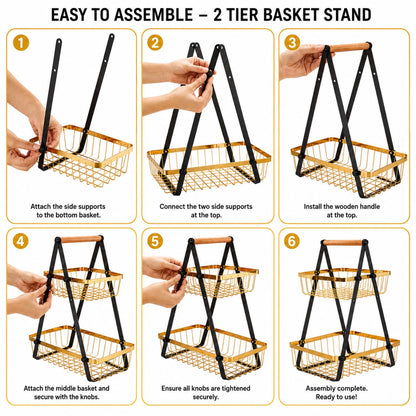 Golden Tiered Fruit Basket | 2 & 3 Tier Metal Mesh Countertop Organizer & Storage Stand