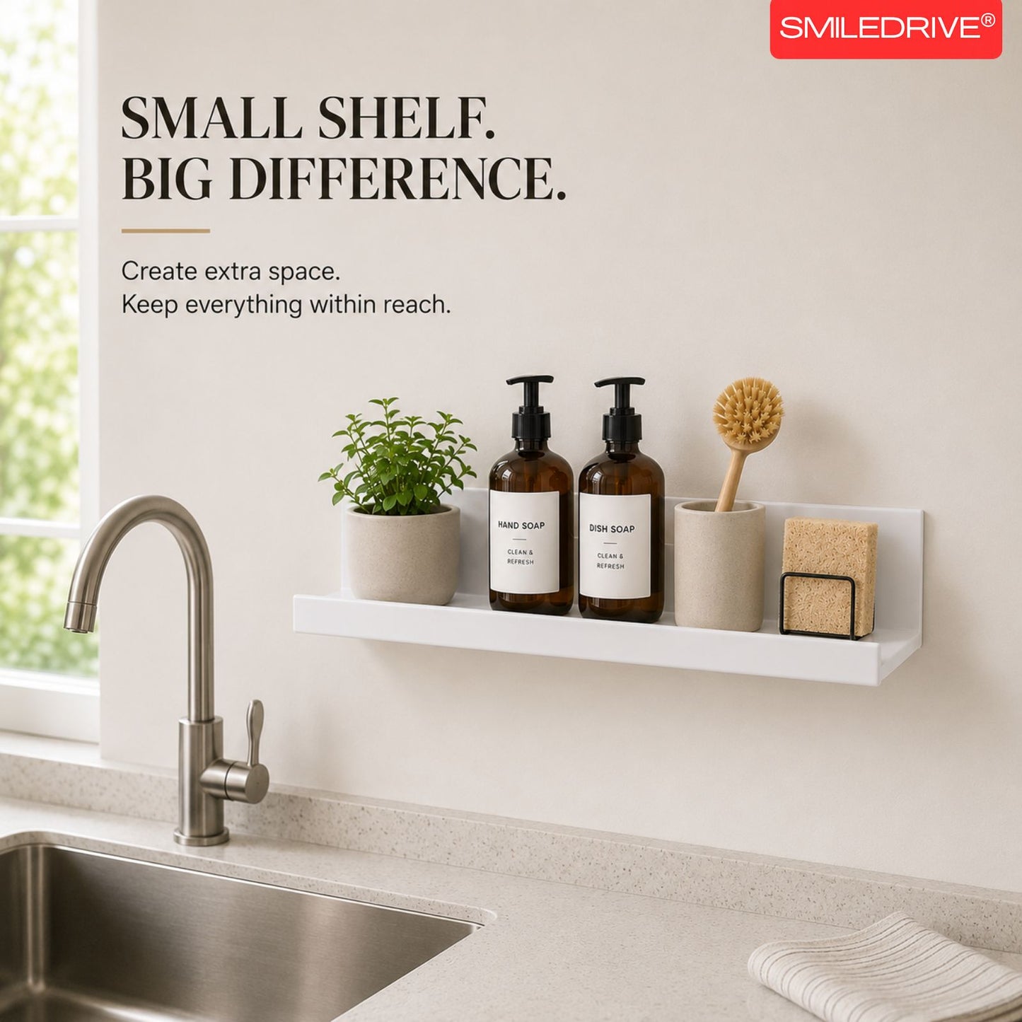Floating Wall Shelf | Multipurpose Acrylic Shelf for Kitchen, Bathroom, Vanity & Office | White-No Drilling Required