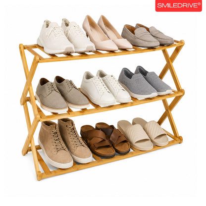 Foldable Bamboo Shoe Rack | 3 & 4-tier Balcony Plant Stand | Space Saving Storage Organizer for Entryway, Bedroom, Bathroom or Balcony