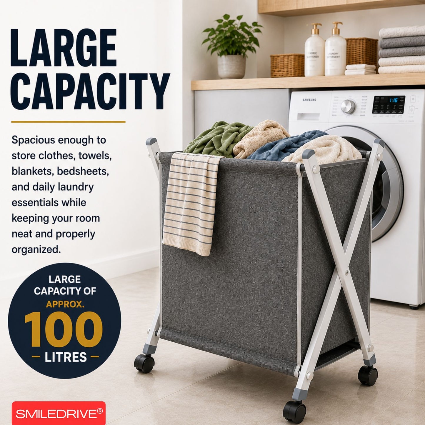 Foldable Laundry Basket with Wheels | Large Capacity (100L) Rolling Clothes Bin with Sturdy Metal Frame | Lightweight & Portable Clothes Storage for Laundry Room & Bedroom - Grey