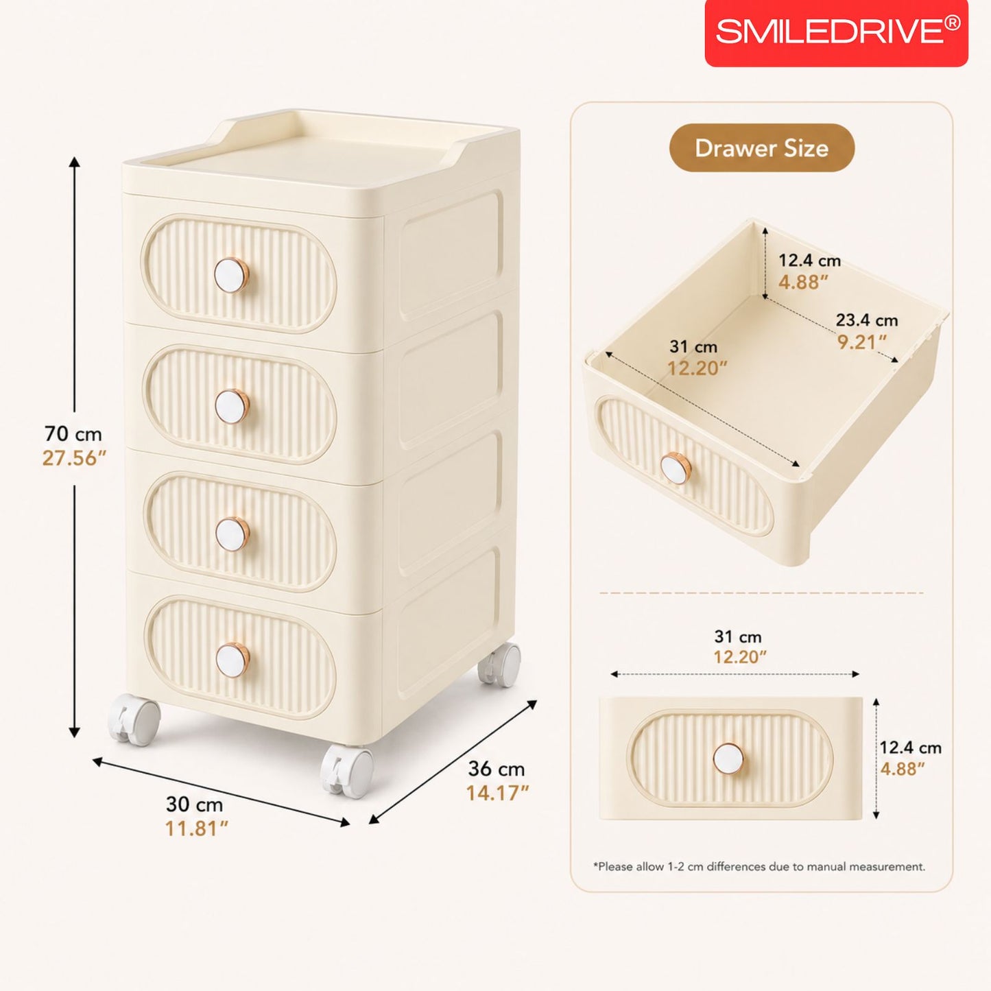 Plastic Storage Drawers | 4 Drawer Organzier Storage Cabinet with Wheels for Bedroom Bathroom Office | Available in White & Cream