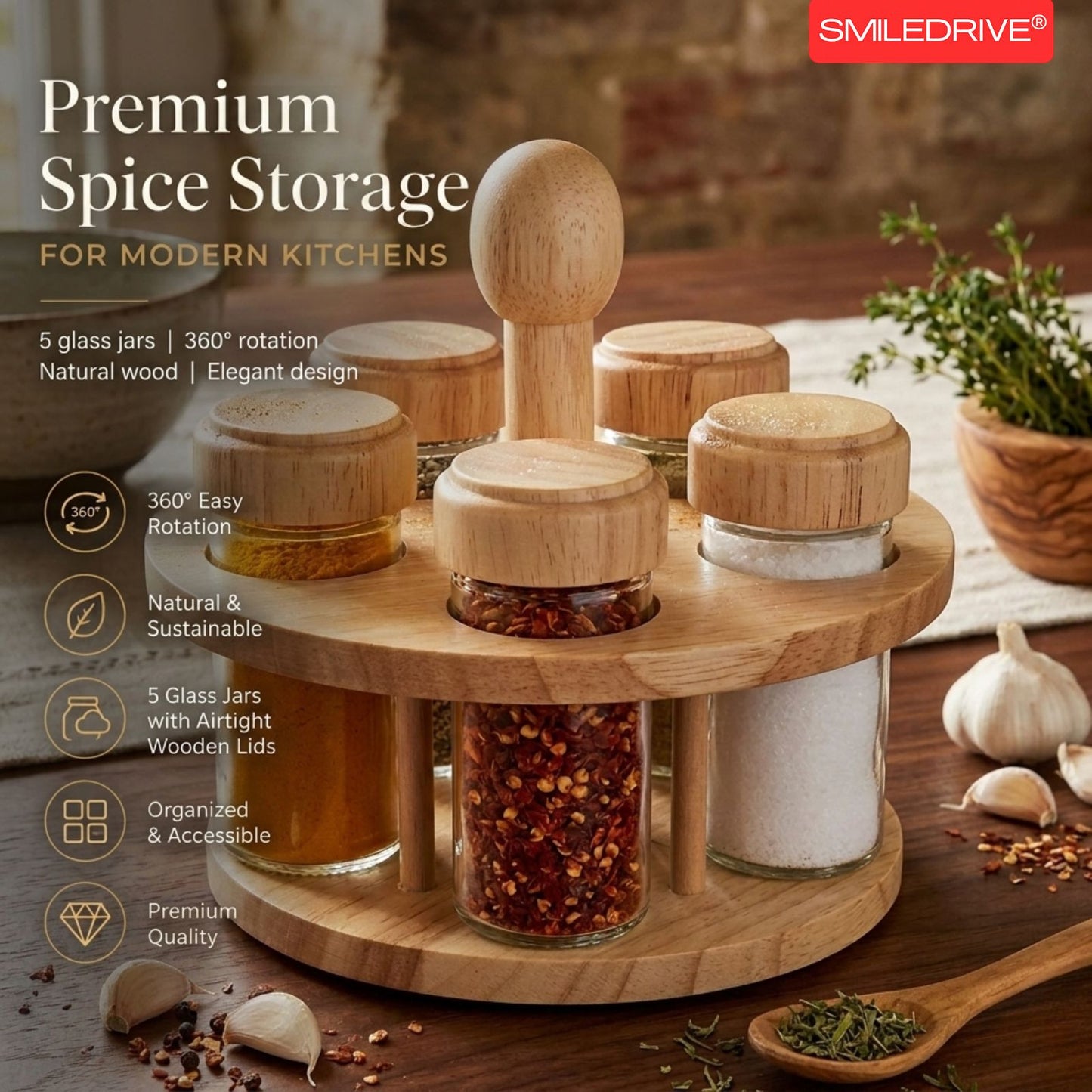 Rotating Spice Rack Wooden Spice Organizer | 5, 12 or 16 Glass Jar with Revolving Stand