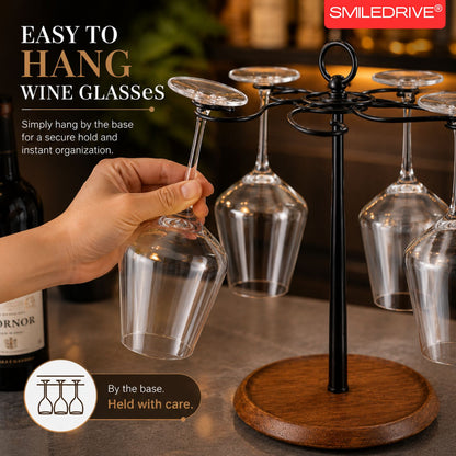 Wine Glass Holder Stand for 6 Glasses | 360° Rotating Wooden Base Stemware Organizer for Home Bar, Kitchen & Dining Table