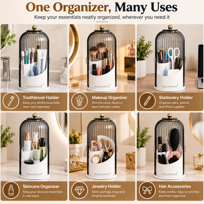 Makeup Organizer with Transparent Dust-Proof Cover | 360° Rotatable Base & 180° Rotatable Shell | 3 Compartment Cosmetic Organizer for Makeup Brushes, Lipsticks, Skincare & Beauty Essentials