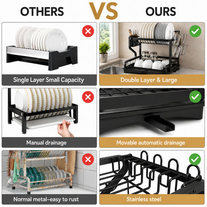 Kitchen Utensil Holder Organizer & Dryer | 2 Tier Dish Drying Rack for Countertop | Anti Rust Dish Drainer Rack with Rotating Drain Swivel Spout