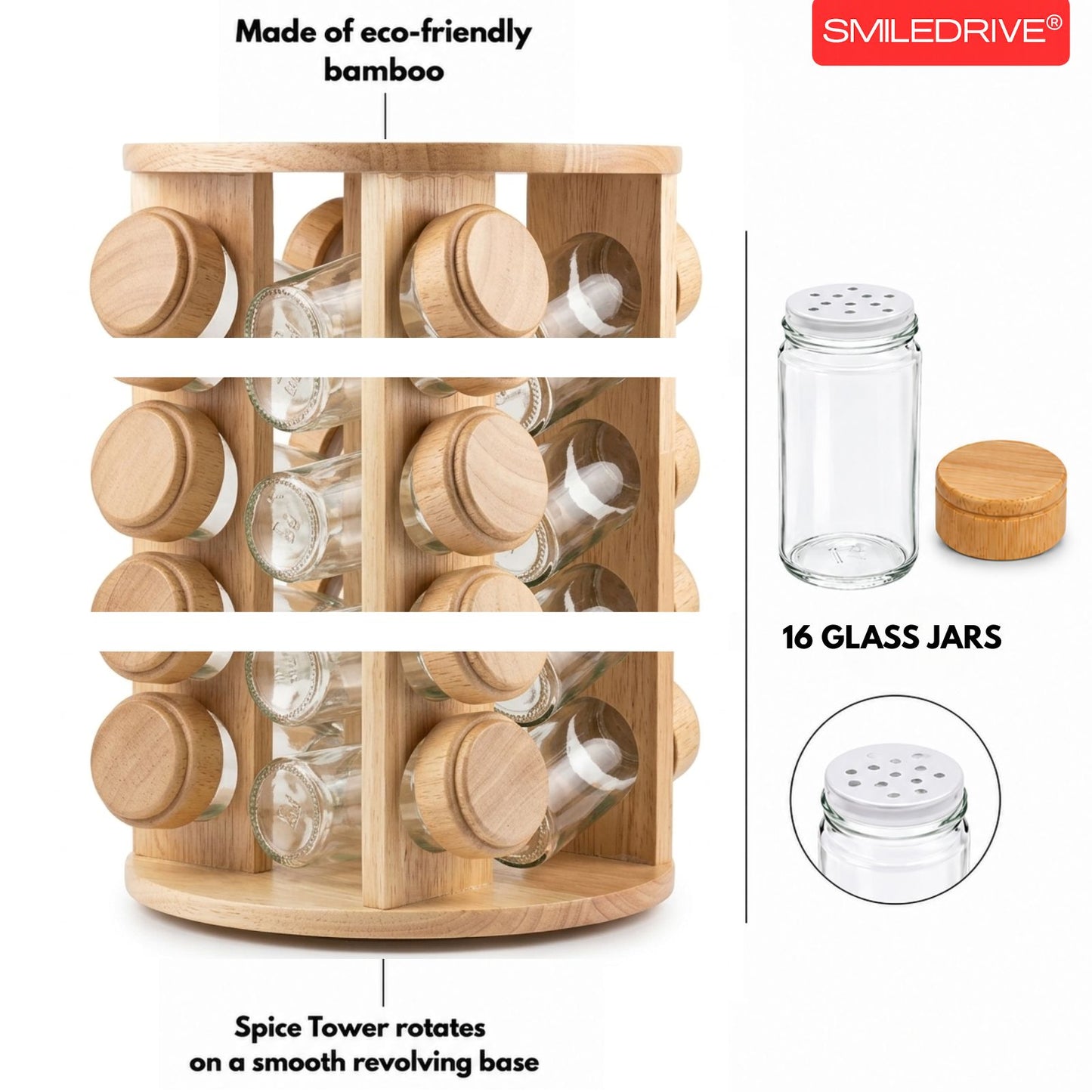 Rotating Spice Rack Wooden Spice Organizer | 5, 12 or 16 Glass Jar with Revolving Stand