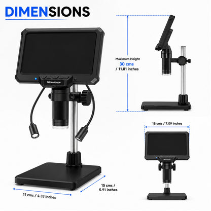 Digital Microscope with 7 inch Screen | 16MP Camera | 50X–1200X Magnification | 1080P Recording | 8+2 LED Lights | Coin, PCB & Jewellery Inspection Microscope