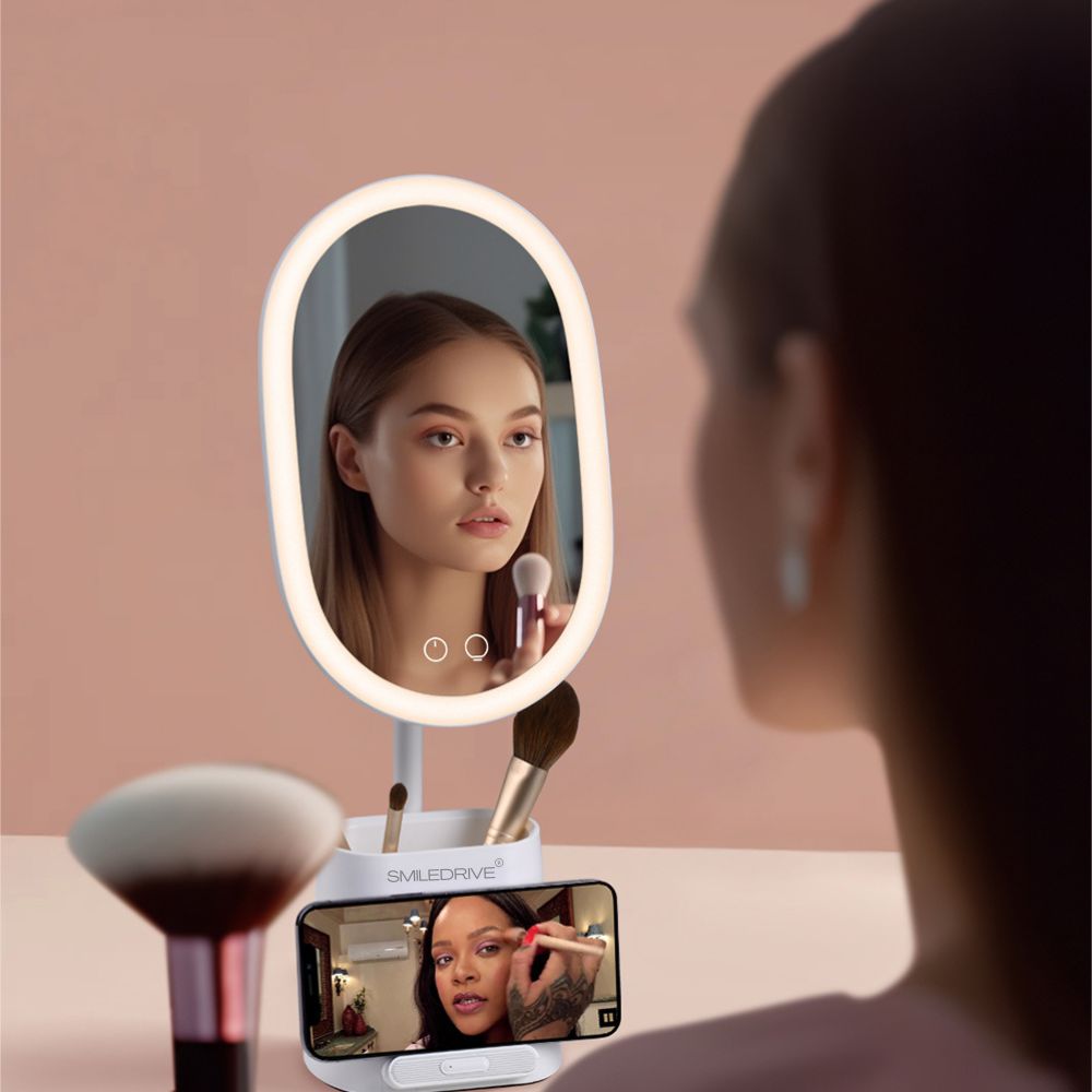 Smiledrive LED Smart Mirror Illuminated Makeup Mirror for desk with built-in Mobile holder cum Wireless Charger