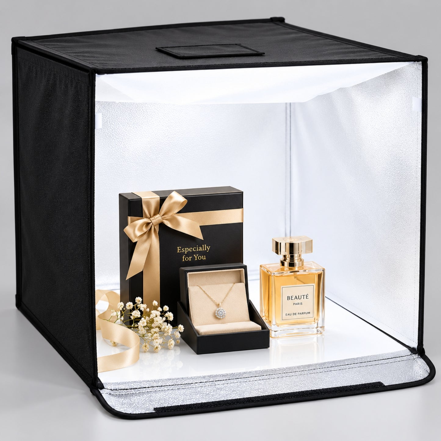 43 cm Product Photography Light Box | Portable Product Photography Box with Reflective Interior | 3 modes LED lights | 5  Backdrops Included | Perfect Photo Booth for jewelry, cosmetics, gadgets, and other small-to-medium items