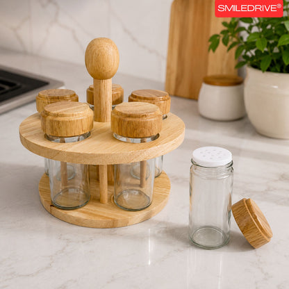 Rotating Spice Rack Wooden Spice Organizer | 5, 12 or 16 Glass Jar with Revolving Stand