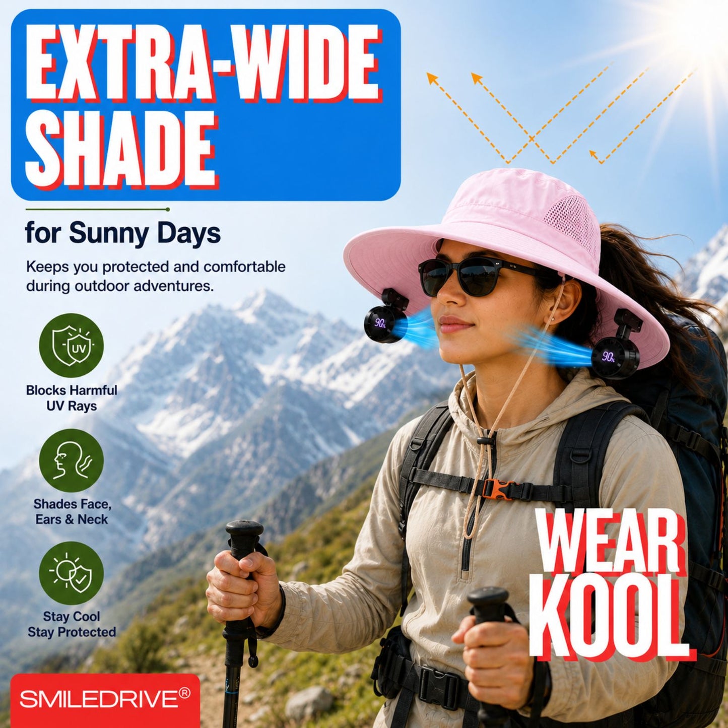 Wearkool Women’s Cooling Sun Hat with Dual Detachable BLDC Fans & Lanyard | 5-Speed Rechargeable Fans with Digital Battery Display | Extra-Wide Brim Hat with Back Bow for Gardening, Fishing, Hiking, Camping & Outdoor Work
