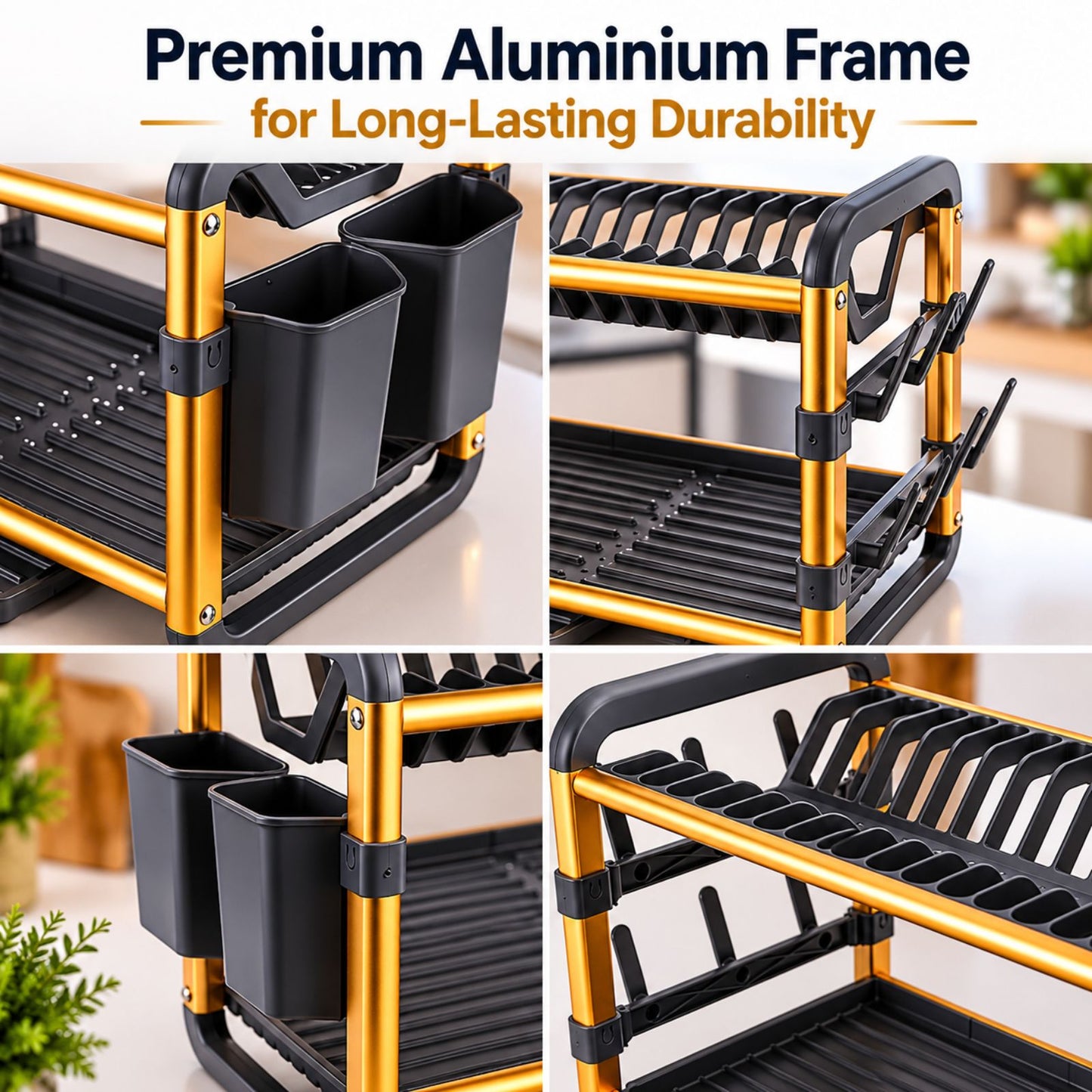 Dish Drying Rack with Drain Tray | 2-Tier Utensil Organizer with Cup and Cutlery Holder | Rust-Resistant Aluminium Kitchen Dish Rack | Available in Gold & Silver