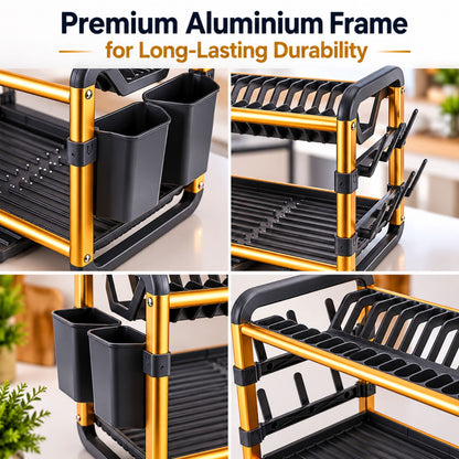 Dish Drying Rack with Drain Tray | 2-Tier Utensil Organizer with Cup and Cutlery Holder | Rust-Resistant Aluminium Kitchen Dish Rack | Available in Gold & Silver