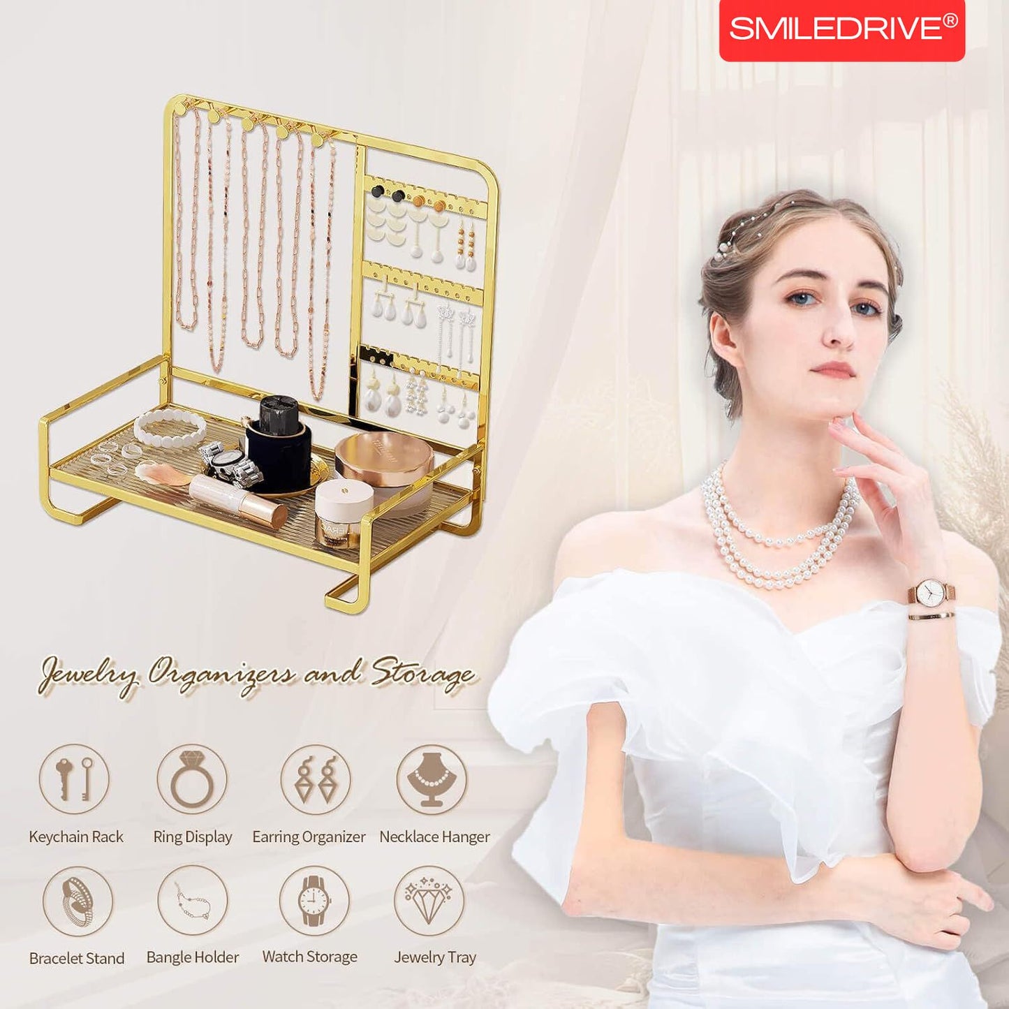 Premium Metal Jewelry Stand Organizer - Sleek Tabletop Holder for Necklaces, Earrings, Rings & Bracelets (Available in Black & Gold)