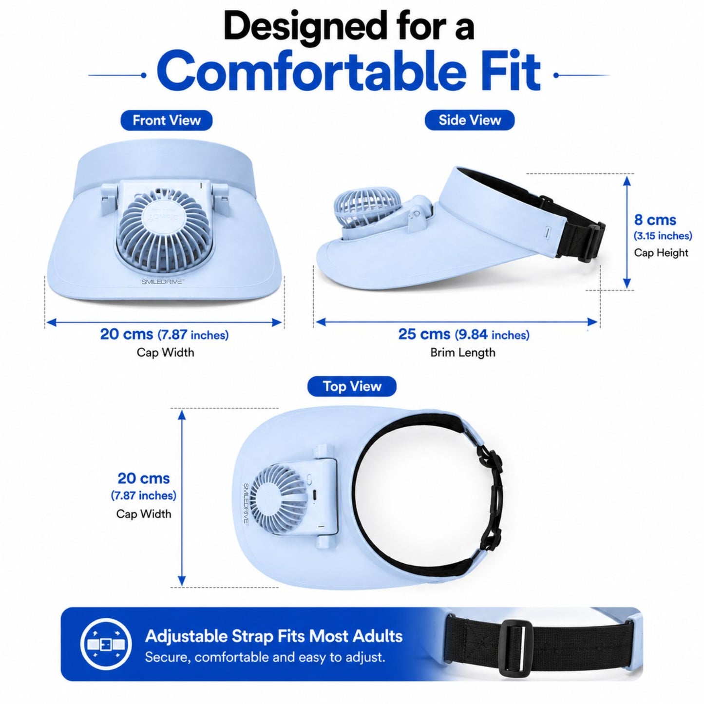 Cooling Fan Cap with Rechargeable Fan, 2-Speed Adjustable Fan, Hands-Free Cooling Hat, Lightweight Cap for Daily Use- Walking, Gardening, Hiking, Camping & Indoor/ Outdoor Work | Available in Blue, Pink & White
