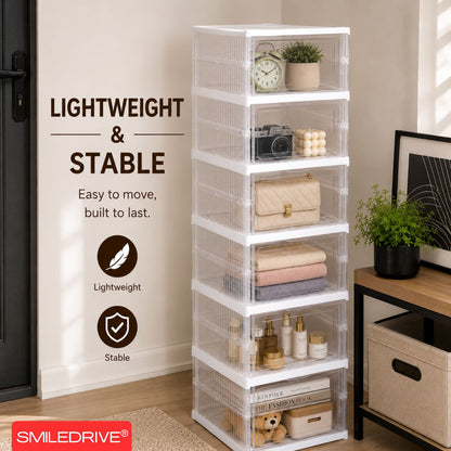 SMILEDRIVE® Foldable Storage Rack with Transparent Doors | Foldable Shoe Rack | 6-Tier Space-Saving Multi-Purpose Organizer for Home