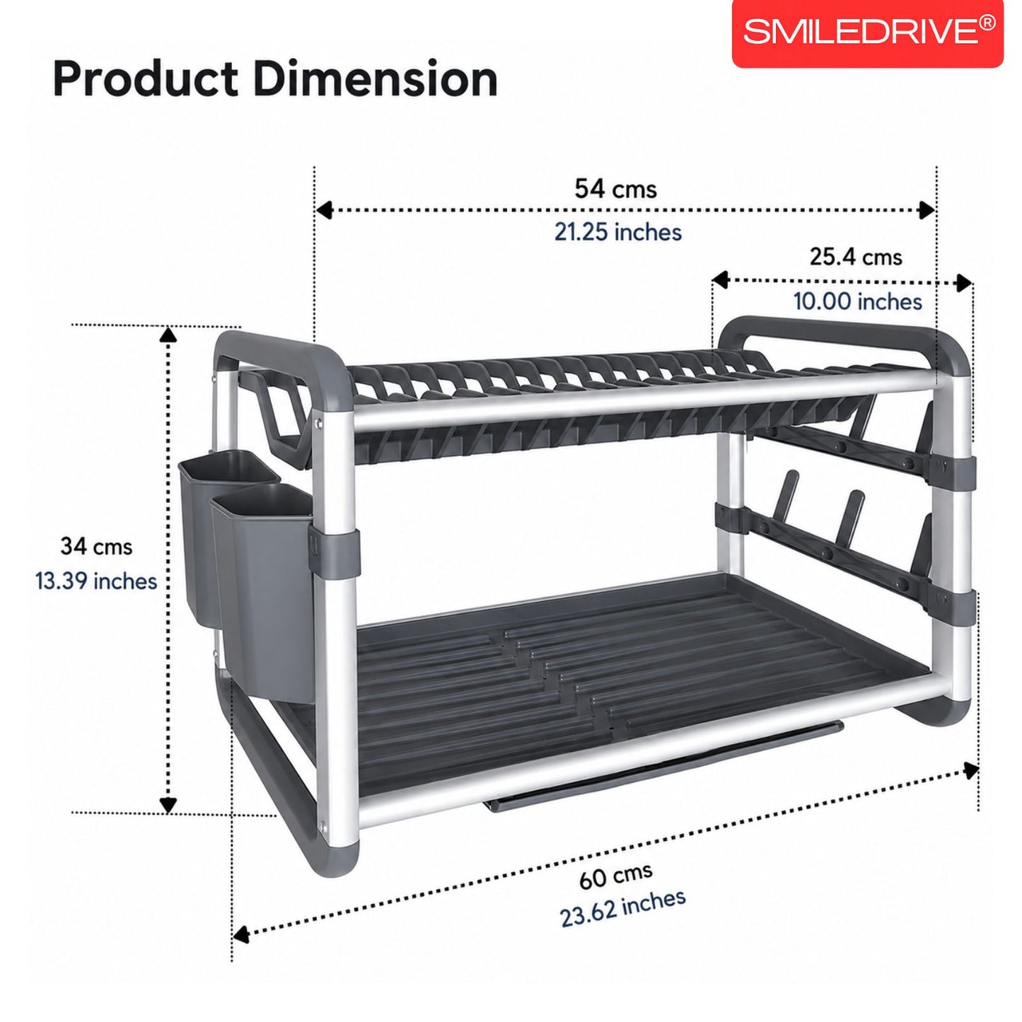 Dish Drying Rack with Drain Tray | 2-Tier Utensil Organizer with Cup and Cutlery Holder | Rust-Resistant Aluminium Kitchen Dish Rack | Available in Gold & Silver
